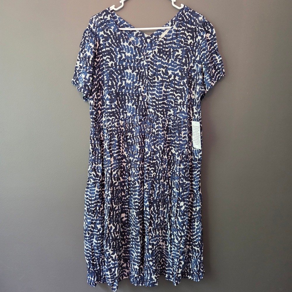 NEW Woman Within Blue‎ Leaf Print Rayon Empire Waist Babydoll Shirt Dress 14/16